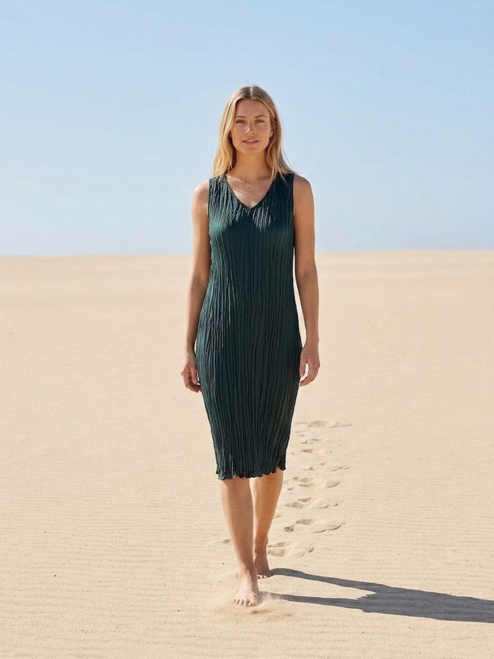 NWT Eileen Fisher Crushed Cupro V-neck Knee Length in Alpine Pleated Dress M
